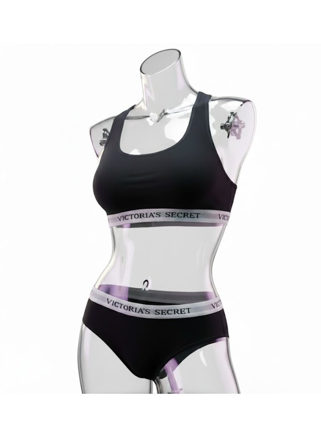 Women’s Sports Bra & Panty Set - 2 Pieces - Soft Cotton - Black color - Size L